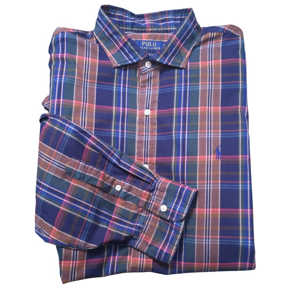 Polo Ralph Lauren Men's XXL Classic Fit Plaid Shirt Navy Green Tan Spread Collar